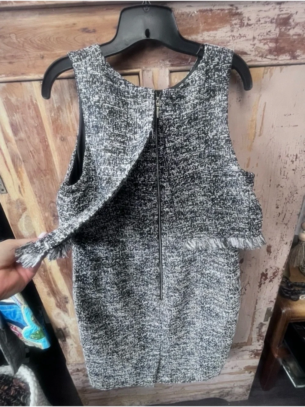 Sleeveless Tweed Shift Dress in Black and White - Picture 3 of 4